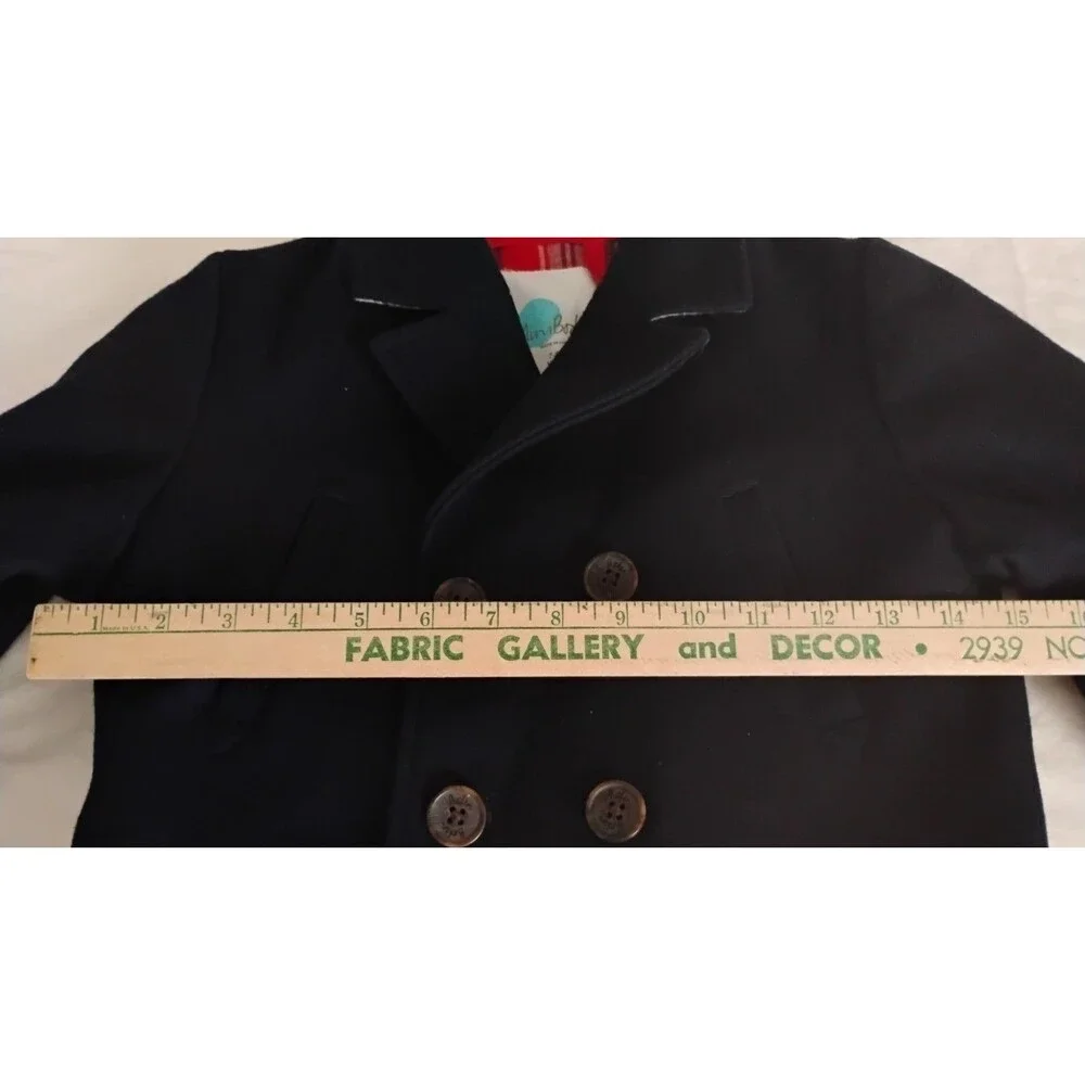 Mini Boden Boy's Navy Wool Pea Coat 7-8 Yr GC Plaid Flannel Lining Preppy Rare